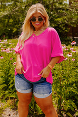 Bright Pink Seamed Back High Low Hem V Neck Cuffed Sleeve Plus Size Tee Plus Size Tops & Tees JT's Designer Fashion