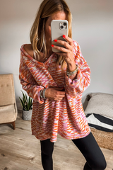 Orange Vibrant Abstract Print Drop Shoulder V Neck Tunic Oversized Sweater Sweaters JT's Designer Fashion