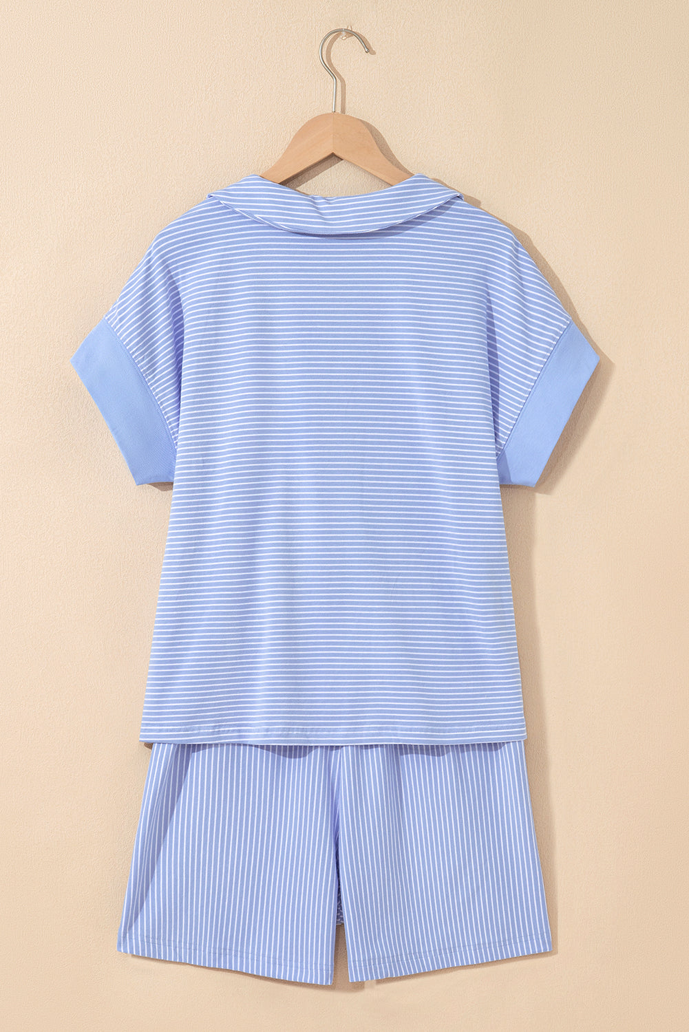 Sky Blue Stripe Dolman Sleeve Polo Shirt and Drawstring Shorts Set Short Sets JT's Designer Fashion