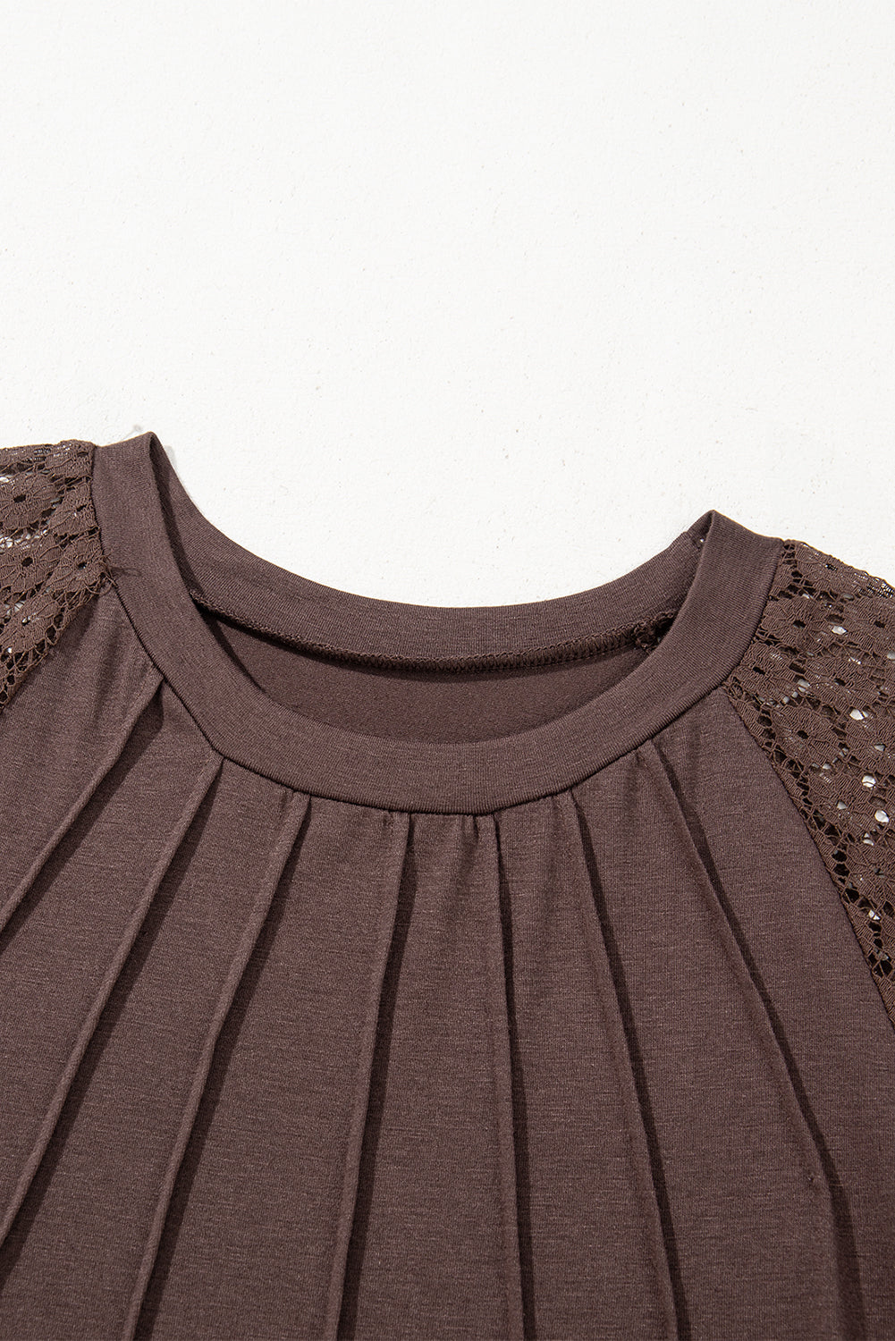 Dark Brown Contrast Lace Raglan Sleeve Pleated Detail Shift Dress T Shirt Dresses JT's Designer Fashion