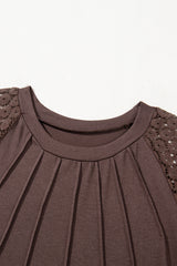 Dark Brown Contrast Lace Raglan Sleeve Pleated Detail Shift Dress T Shirt Dresses JT's Designer Fashion