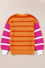 Orange Stripe Colorblock Crew Neck Drop Shoulder Loose Sweater Sweaters JT's Designer Fashion