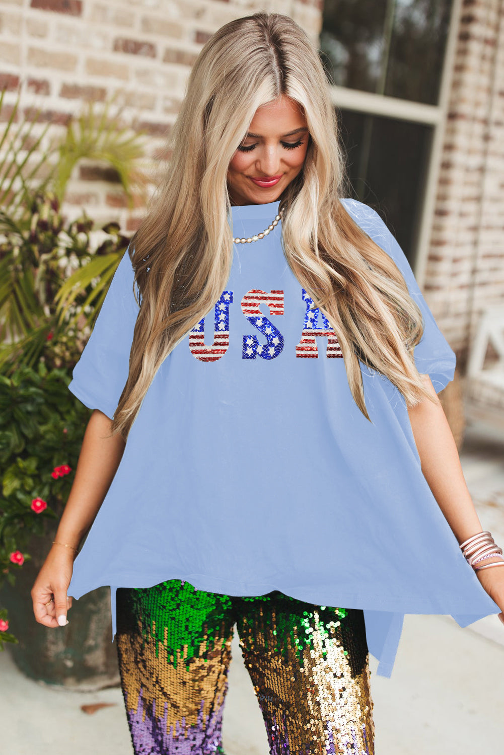Myosotis USA Patched Drop Sleeve Crewneck T Shirt Graphic Tees JT's Designer Fashion
