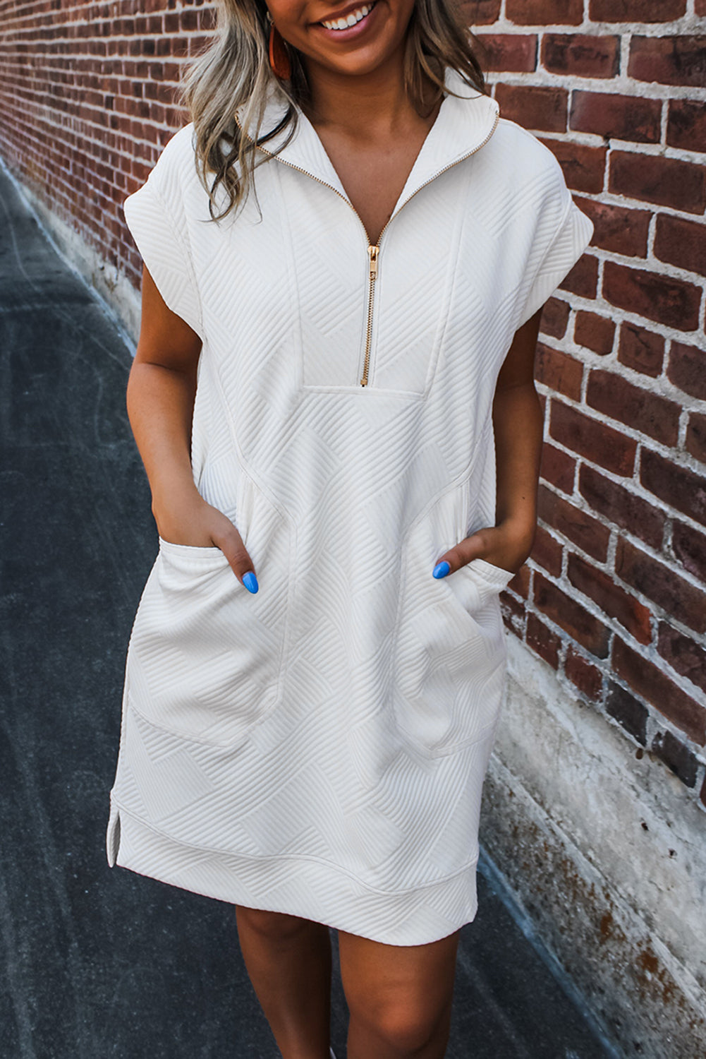 White Textured Half Zip Collared Cap Sleeve Mini Dress Mini Dresses JT's Designer Fashion