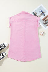 Pink Short Sleeve Double Chest Pocket Denim Shirt Dress Mini Dresses JT's Designer Fashion