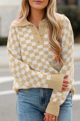 Apricot Checkered Buttons Collar V Neck Drop Shoulder Sweater Apricot 50%Viscose+28%Polyester+22%Polyamide Sweaters JT's Designer Fashion
