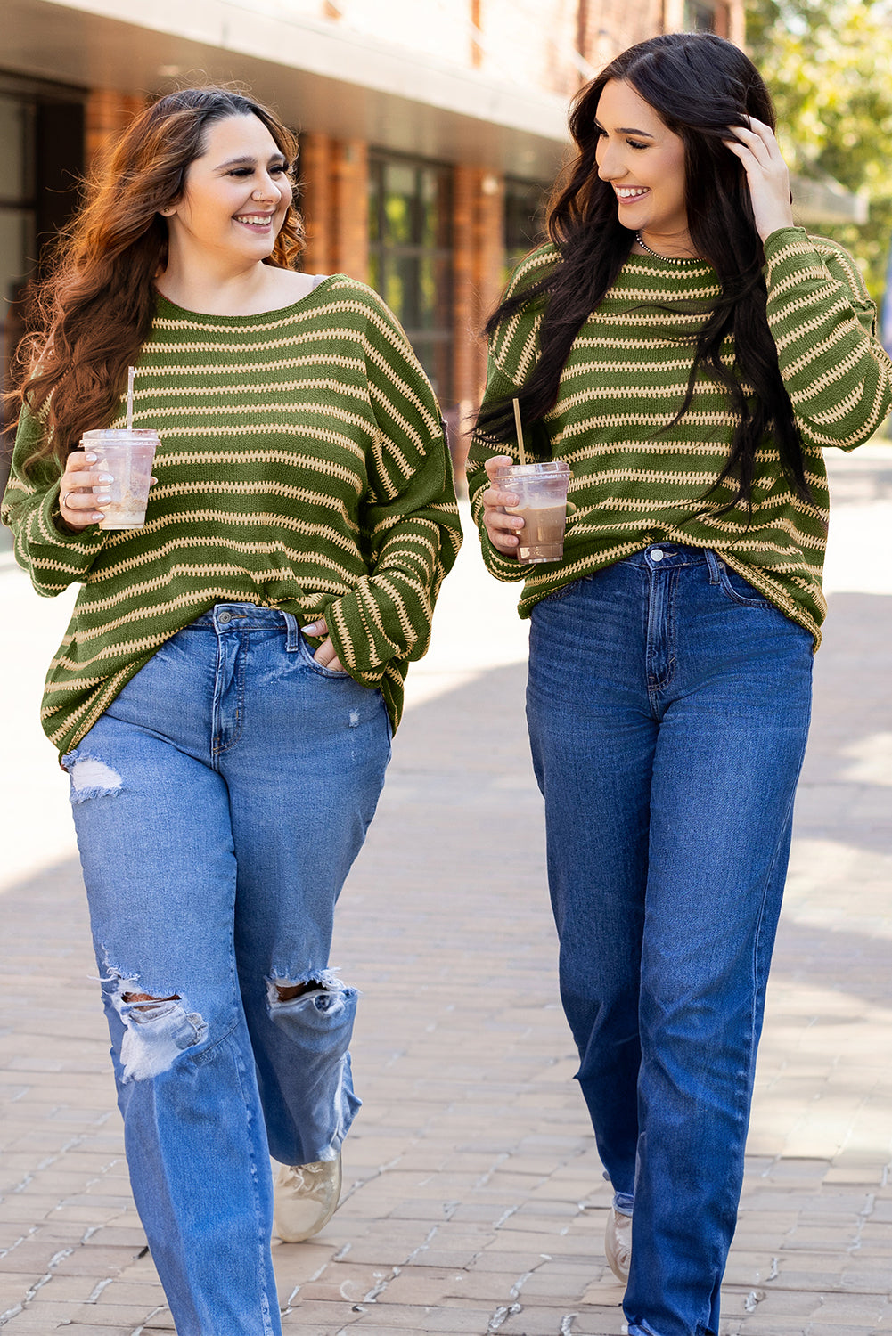 Green Stripe Drop Shoulder Casual Sweater Sweaters JT's Designer Fashion