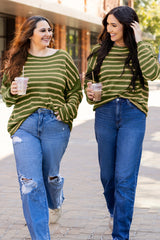 Green Stripe Drop Shoulder Casual Sweater Sweaters JT's Designer Fashion