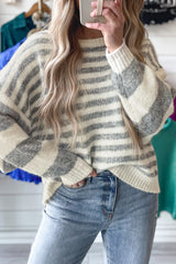 Gray Stripe Drop Shoulder Crew Neck Sweater Sweaters JT's Designer Fashion
