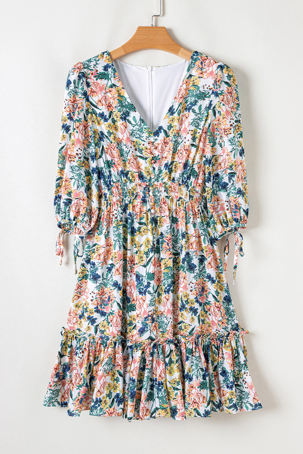 Sky Blue Floral 3/4 Sleeve V Neck High Waist Ruffled Dress Floral Dresses JT's Designer Fashion
