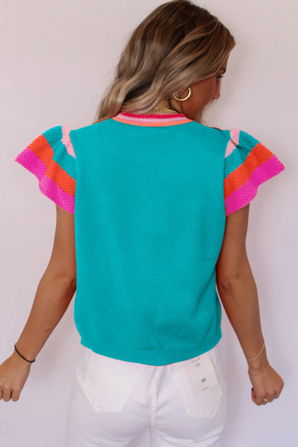 Turquoise Knitted Contrast Sleeve Round Neck Tee Sweaters & Cardigans JT's Designer Fashion