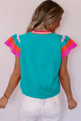 Turquoise Knitted Contrast Sleeve Round Neck Tee Sweaters & Cardigans JT's Designer Fashion
