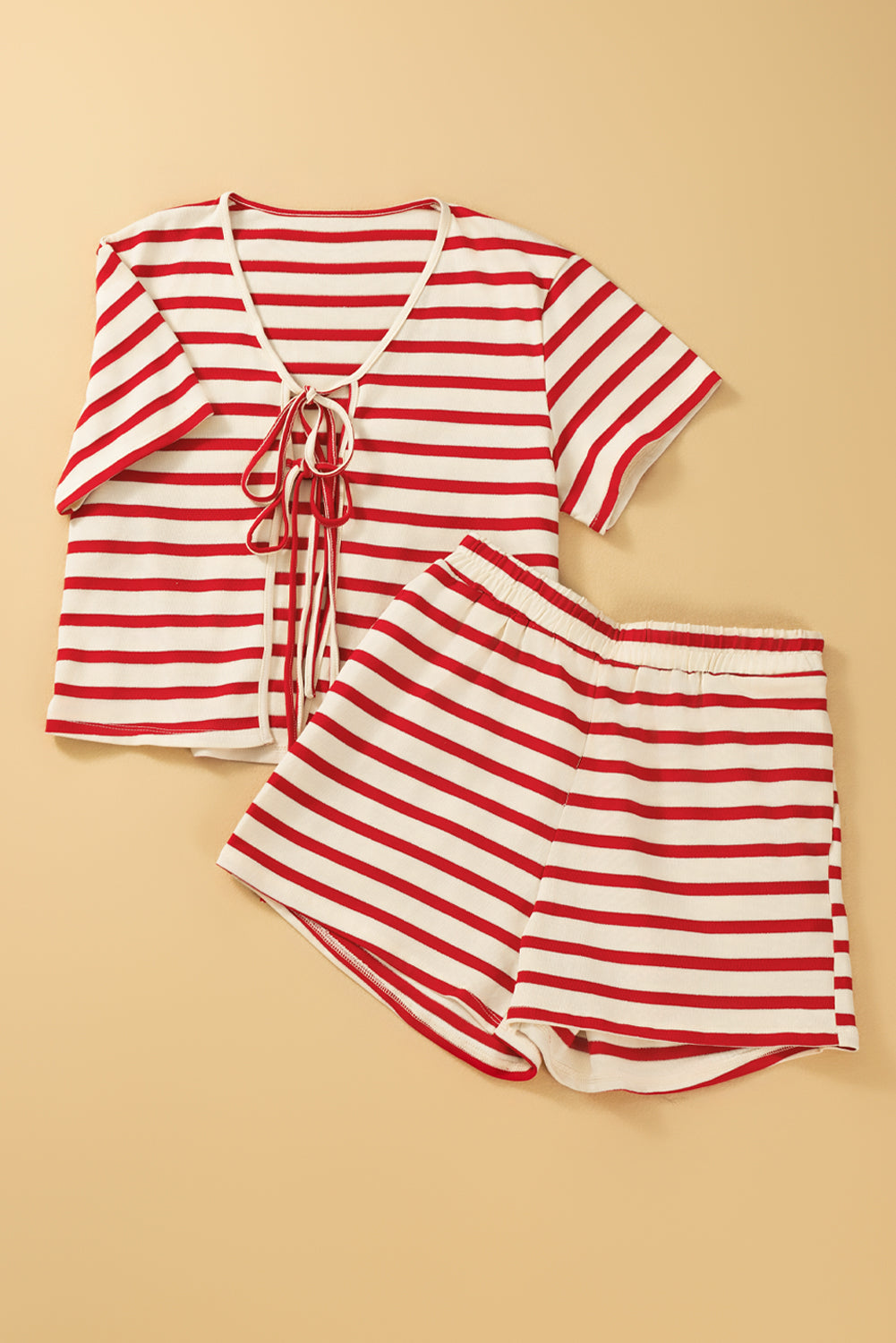Red Stripe Lace-up Front Top and High Waist Shorts Set Short Sets JT's Designer Fashion