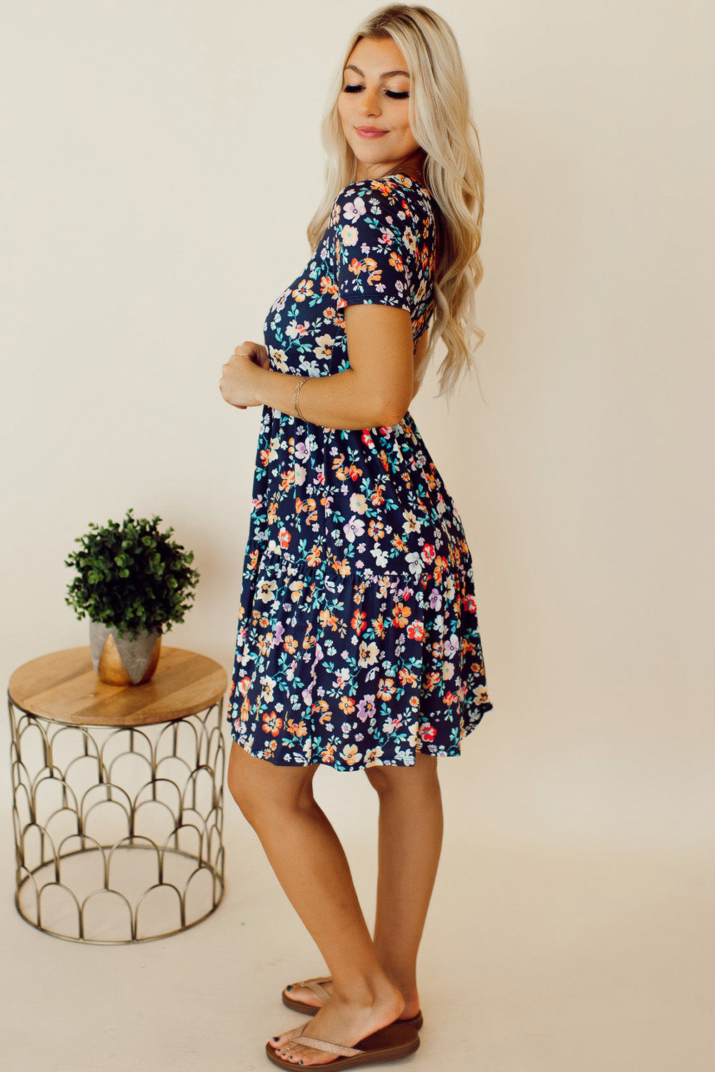 Blue Short Sleeve A-line Floral Dress Floral Dresses JT's Designer Fashion