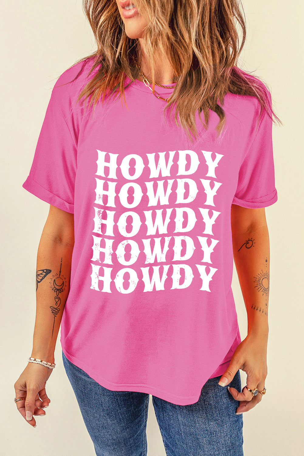 Sachet Pink HOWDY Graphic Western Crew Neck Tee Graphic Tees JT's Designer Fashion