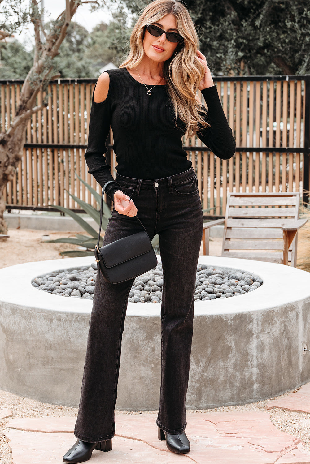 Black Ribbed Knit Cold Shoulder Sweater Sweaters JT's Designer Fashion