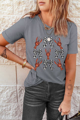 Gray Checkered Bow Crawfish Printed Summer Tee Graphic Tees JT's Designer Fashion