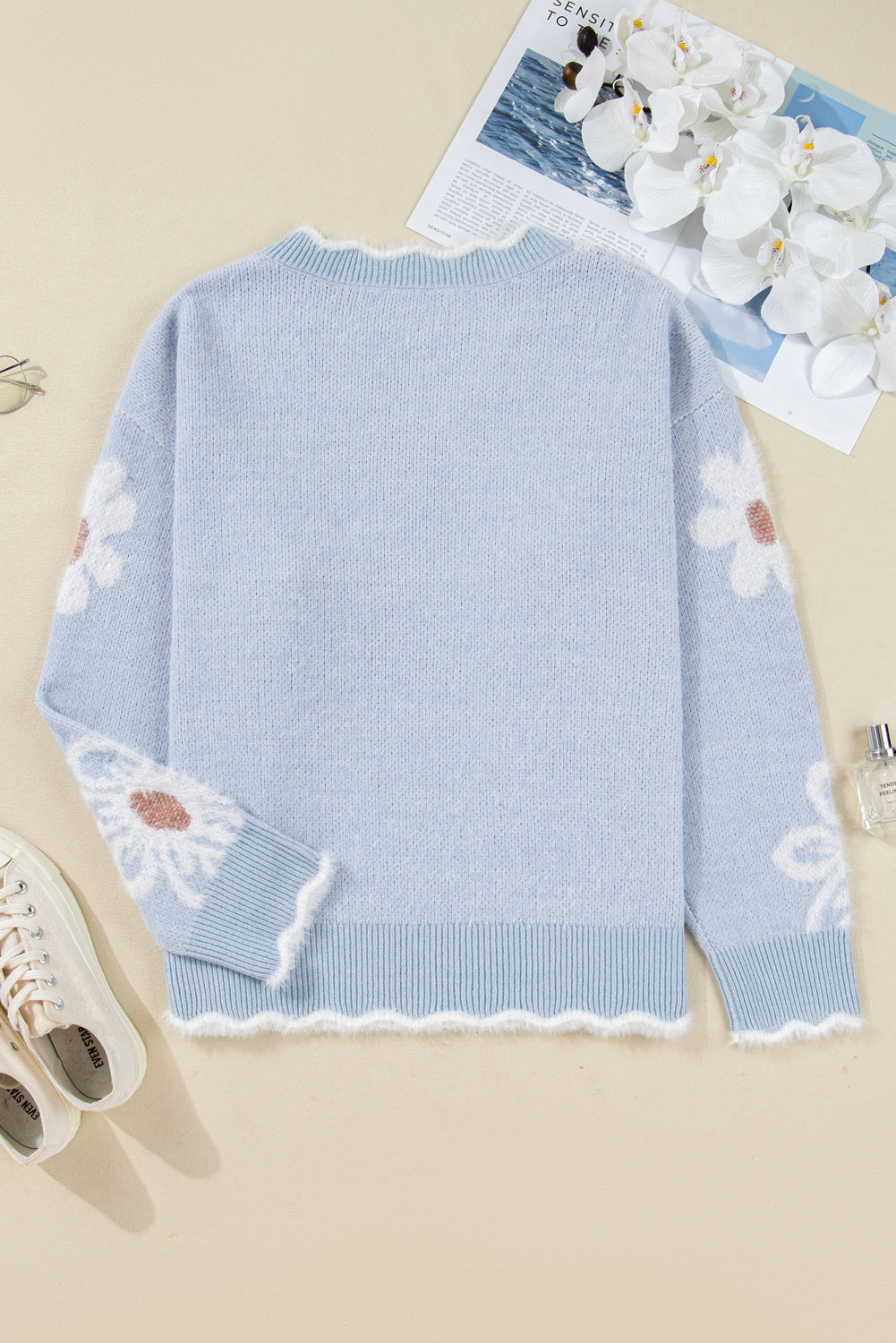 Gray Fuzzy Flower Scalloped V Neck Plus Sweater Plus Size Sweaters & Cardigans JT's Designer Fashion