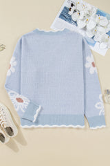 Gray Fuzzy Flower Scalloped V Neck Plus Sweater Plus Size Sweaters & Cardigans JT's Designer Fashion