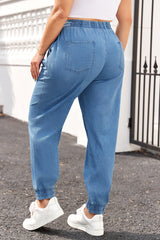Dusk Blue Drawstring Waist Pocketed Plus Size Denim Joggers Plus Size Bottoms JT's Designer Fashion