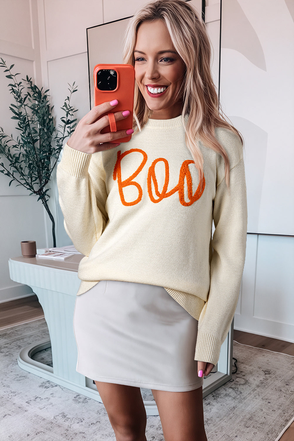 Apricot Boo Knitted Pattern Ribbed Edge Drop Shoulder Sweater Sweaters JT's Designer Fashion