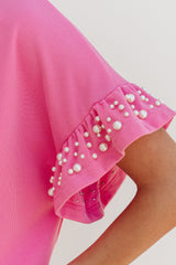 Bright Pink Textured Pearled Ruffle Sleeve Top 2 Piece Shorts Set Short Sets JT's Designer Fashion
