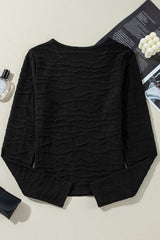 Black Solid Wavy Textured Slim Fit Long Sleeve T Shirt Long Sleeve Tops JT's Designer Fashion