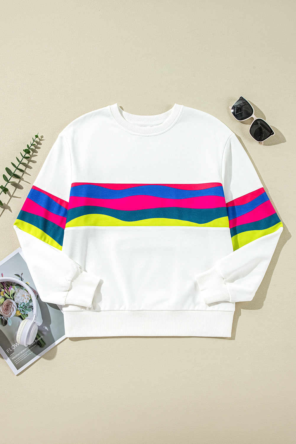 White Colorful Striped Accent Long Sleeve T Shirt Long Sleeve Tops JT's Designer Fashion