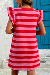 Red Stripe Flutter Sleeve Round Neck Shift Dress Mini Dresses JT's Designer Fashion