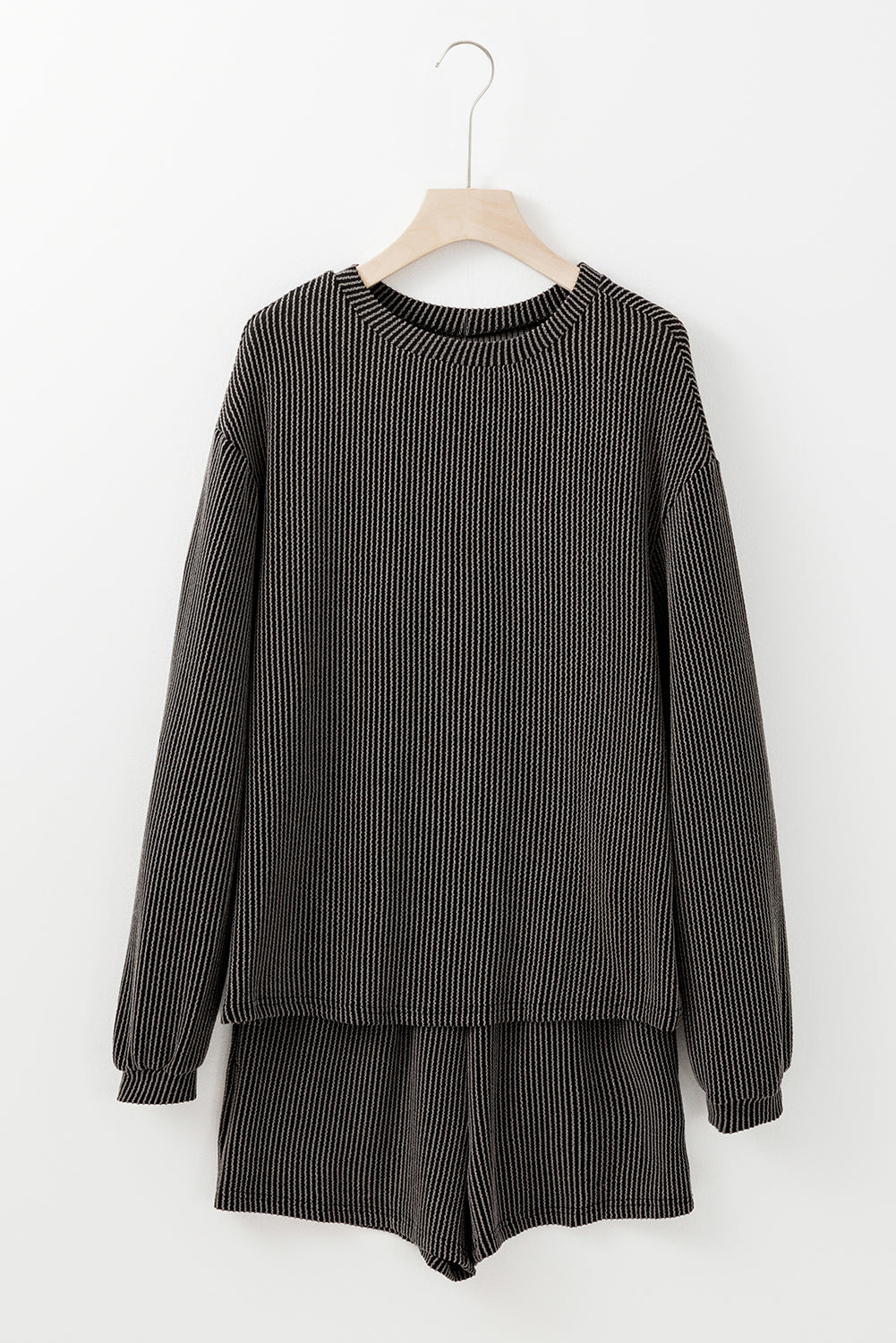 Carbon Grey Corded Knit Long Sleeve Top and High Waist Shorts Set Short Sets JT's Designer Fashion
