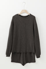Carbon Grey Corded Knit Long Sleeve Top and High Waist Shorts Set Short Sets JT's Designer Fashion