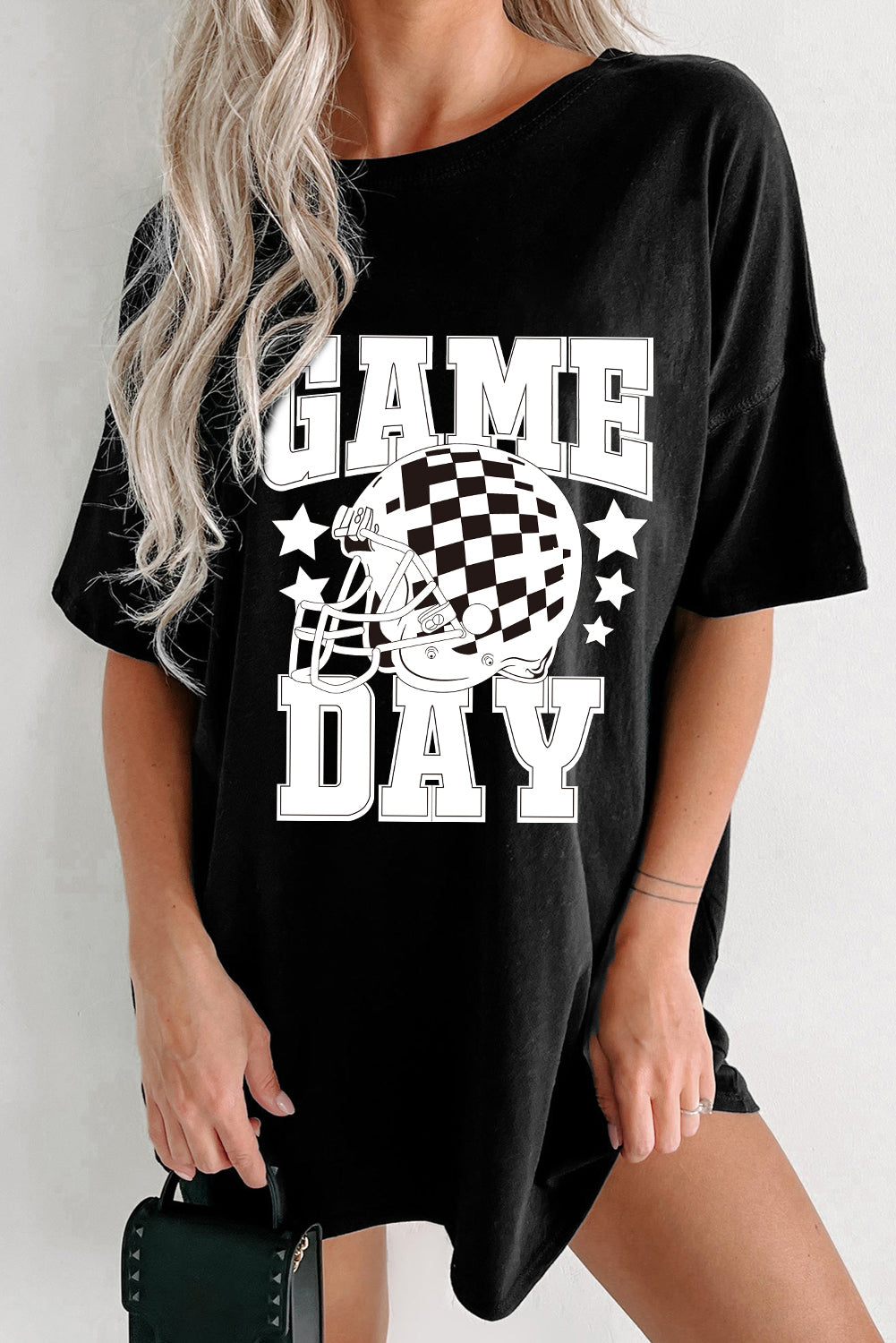 Black GAME DAY Checkerboard Rugby Football Helmet T Shirt Graphic Tees JT's Designer Fashion
