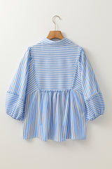 Sky Blue Stripe Shirt Collar V Neck Ricrac Trim 3/4 Puff Sleeve Blouse Blouses & Shirts JT's Designer Fashion