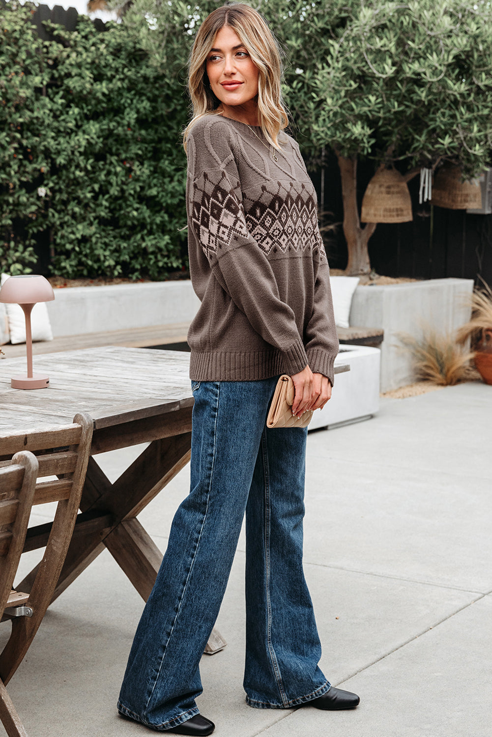 Light French Beige Western Geometric Patterned Crew Neck Knitted Sweater Sweaters JT's Designer Fashion