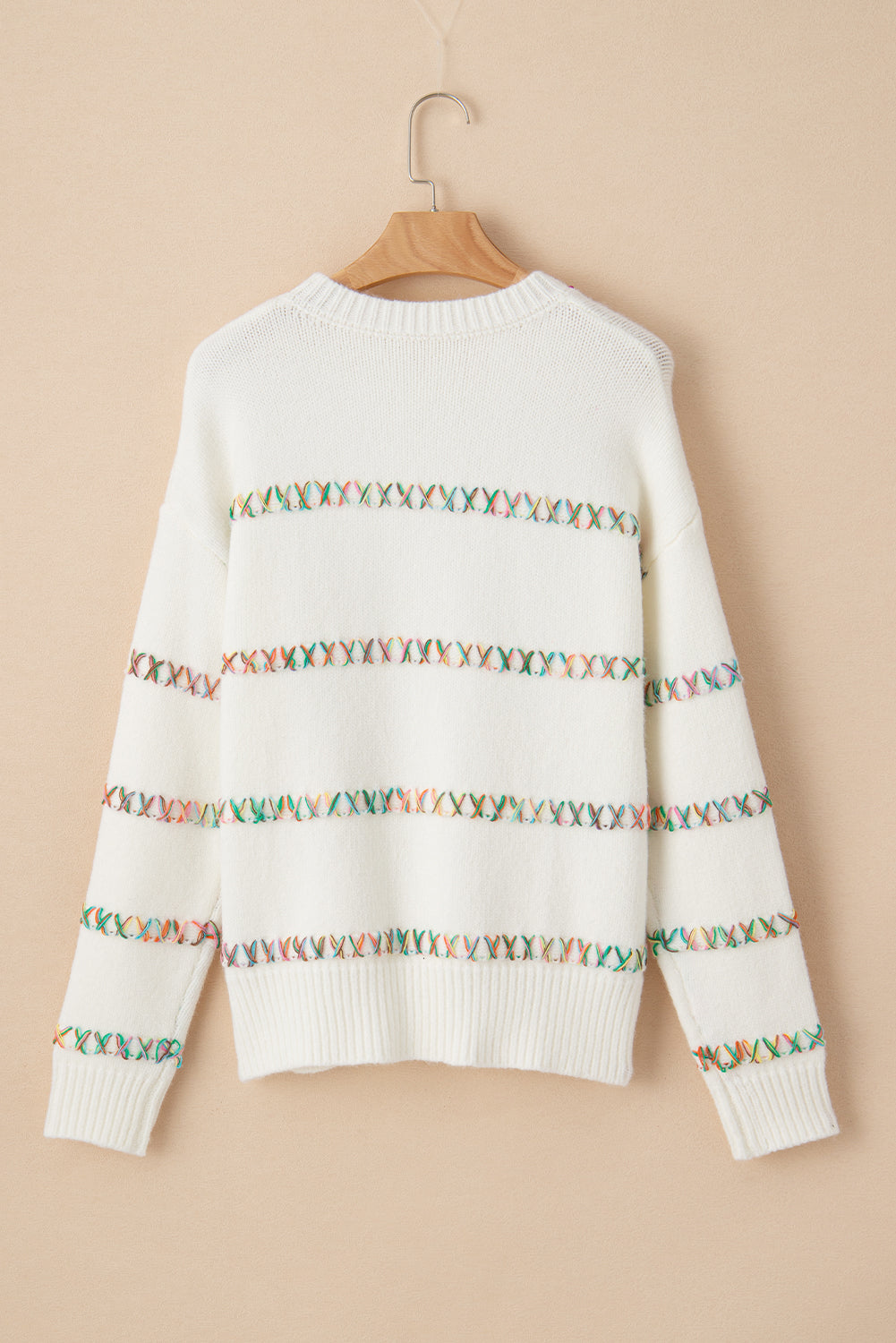 White Colorful Crossed Stitch Drop Shoulder Sweater Sweaters JT's Designer Fashion