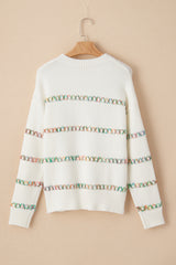 White Colorful Crossed Stitch Drop Shoulder Sweater Sweaters JT's Designer Fashion