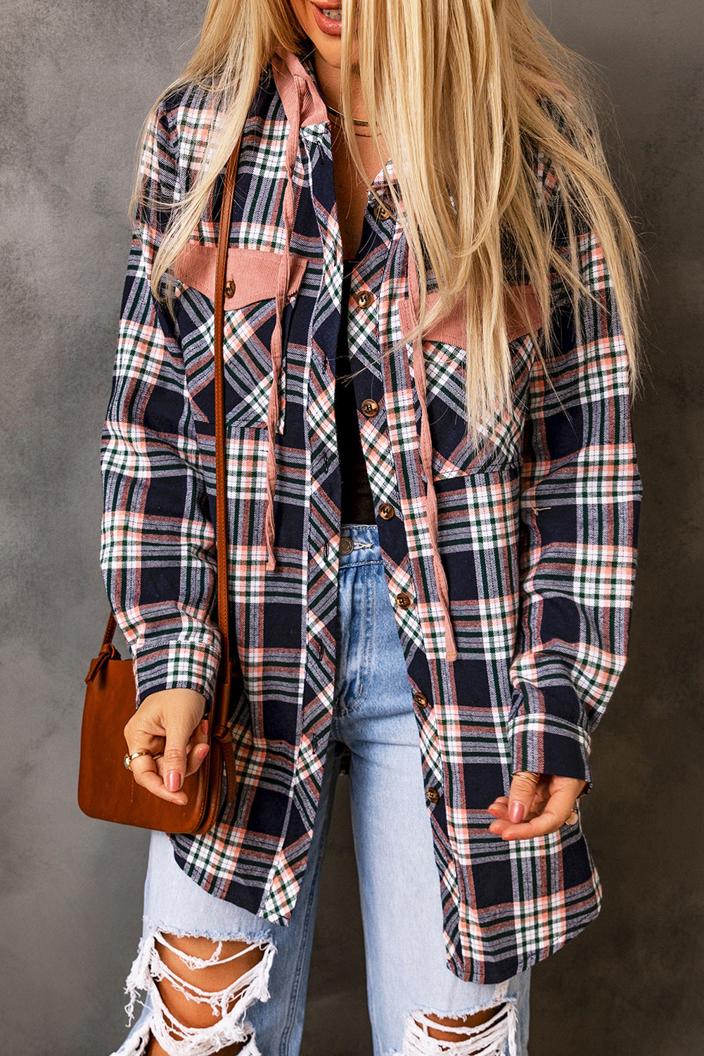 Pink Contrast Hooded Drawstring Plaid Shacket Plaid Shackets JT's Designer Fashion