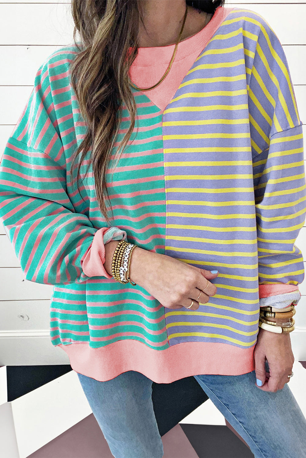 Casual Stripe Colorblock Drop Shoulder Oversize Sweatshirt Sweatshirts & Hoodies JT's Designer Fashion
