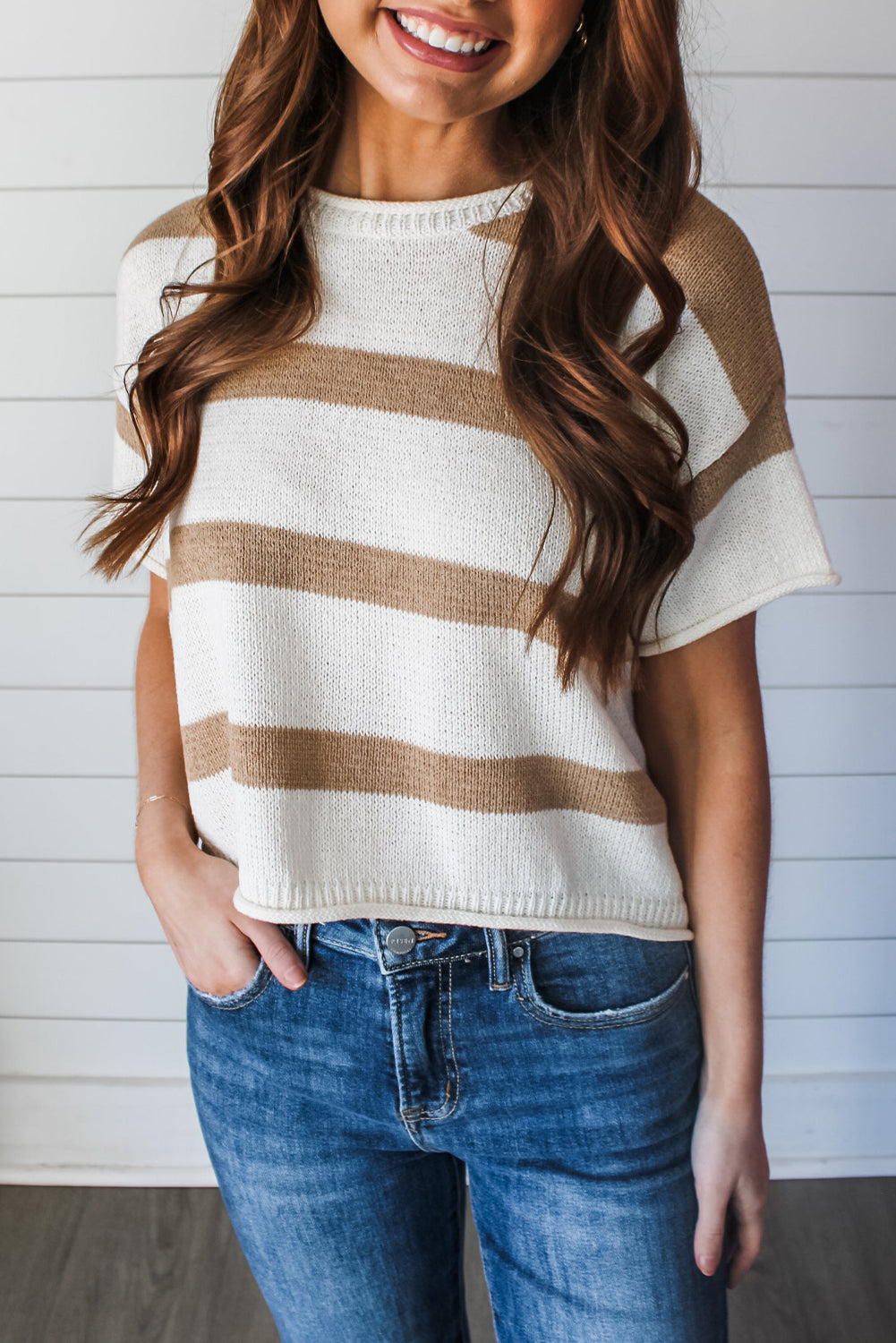 Khaki Stripe Dropped Short Sleeve Lightweight Knitted Top Sweaters & Cardigans JT's Designer Fashion