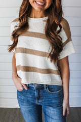 Khaki Stripe Dropped Short Sleeve Lightweight Knitted Top Sweaters & Cardigans JT's Designer Fashion