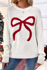 White Bow Pattern Contrast Trim Christmas Loose Graphic Sweater Sweaters JT's Designer Fashion