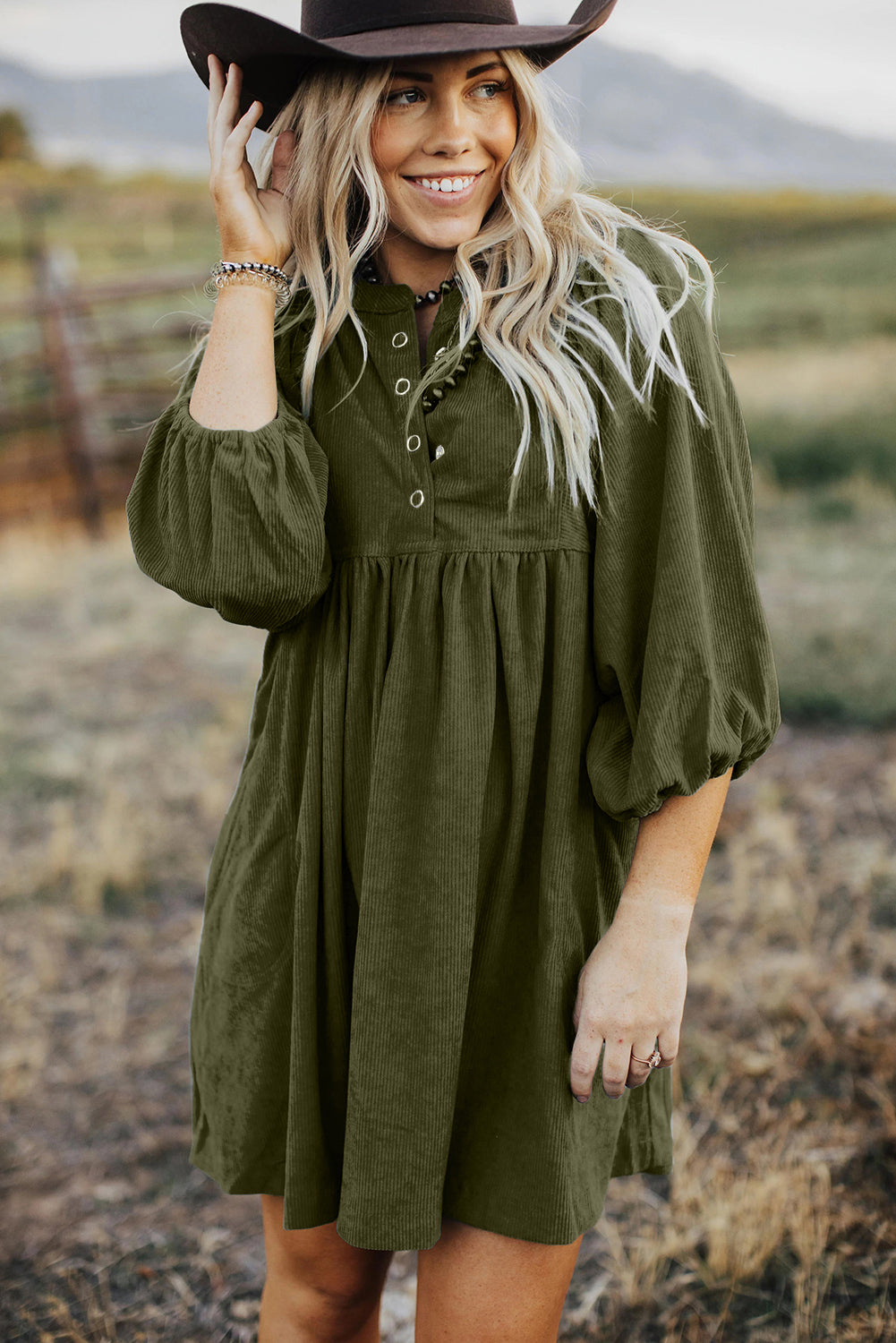 Vineyard Green Corduroy Snap Buttons Empire Waist Bracelet Sleeve Dress Mini Dresses JT's Designer Fashion
