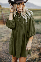 Vineyard Green Corduroy Snap Buttons Empire Waist Bracelet Sleeve Dress Mini Dresses JT's Designer Fashion
