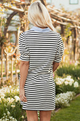 Black Stripe Contrast V Neck Collared Puff Sleeve T Shirt Mini Dress with Pockets T Shirt Dresses JT's Designer Fashion