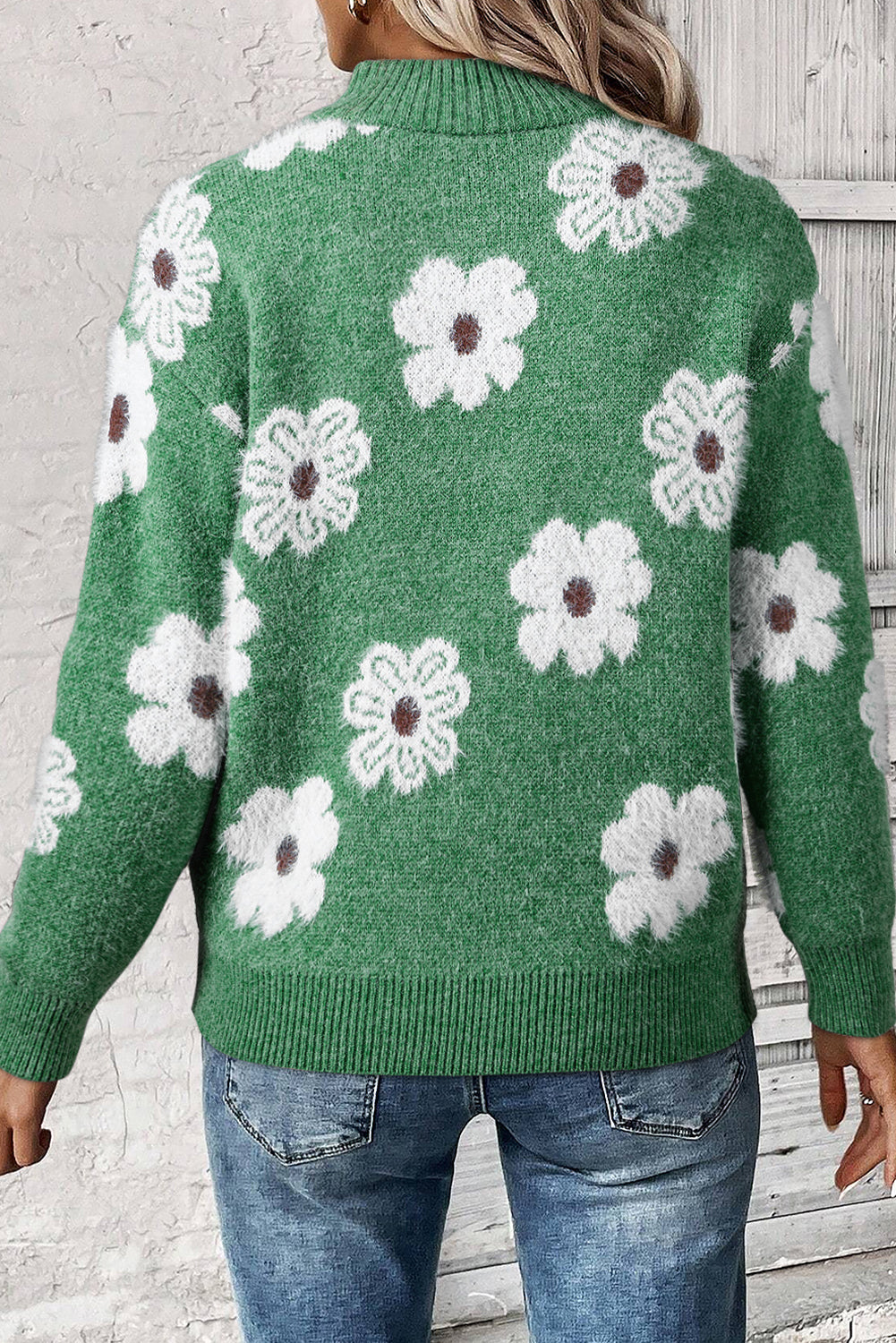 Green Floral Pattern Half Zip Drop Shoulder Sweater Sweaters JT's Designer Fashion