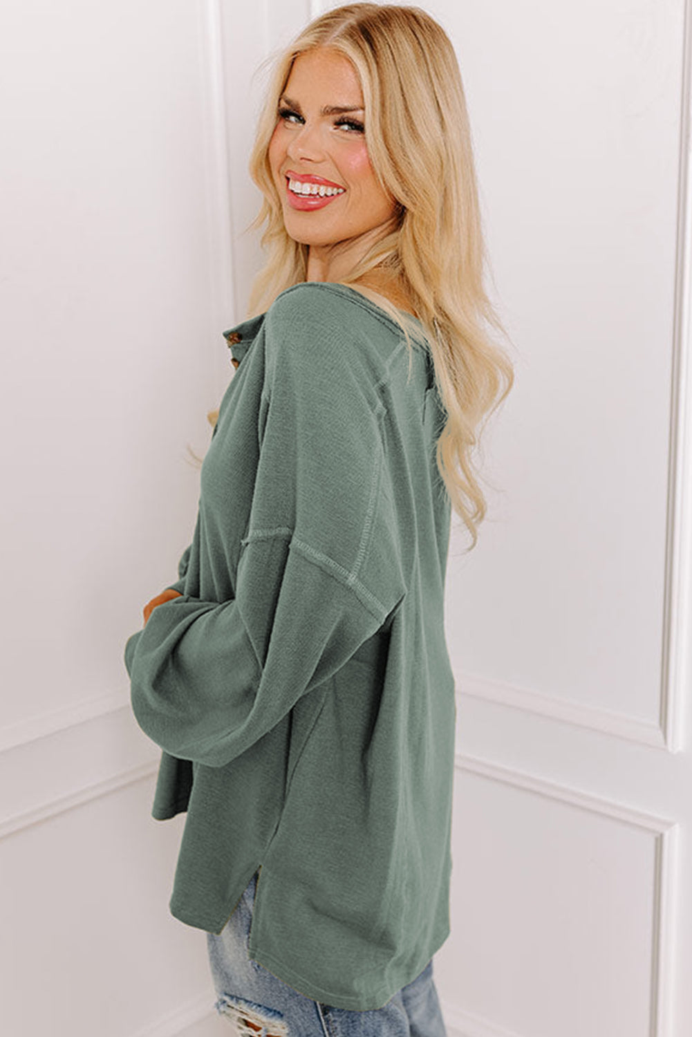Seagrass Plus Size Exposed Seam Drop Shoulder Henley Top Plus Size Long Sleeve Tops JT's Designer Fashion