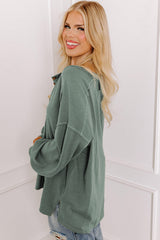 Seagrass Plus Size Exposed Seam Drop Shoulder Henley Top Plus Size Long Sleeve Tops JT's Designer Fashion
