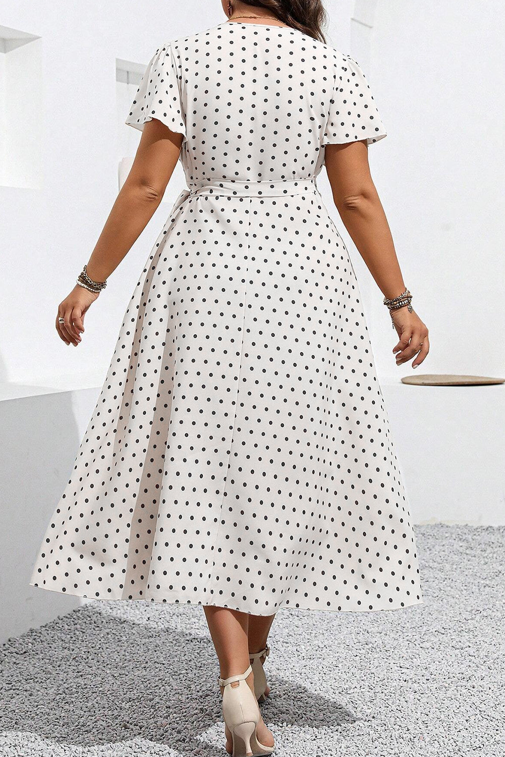 Khaki Polka Dot Surplice V Neck Tied Waist Flutter Sleeve Flowy Plus Size Midi Dress Plus Size Midi Dresses JT's Designer Fashion