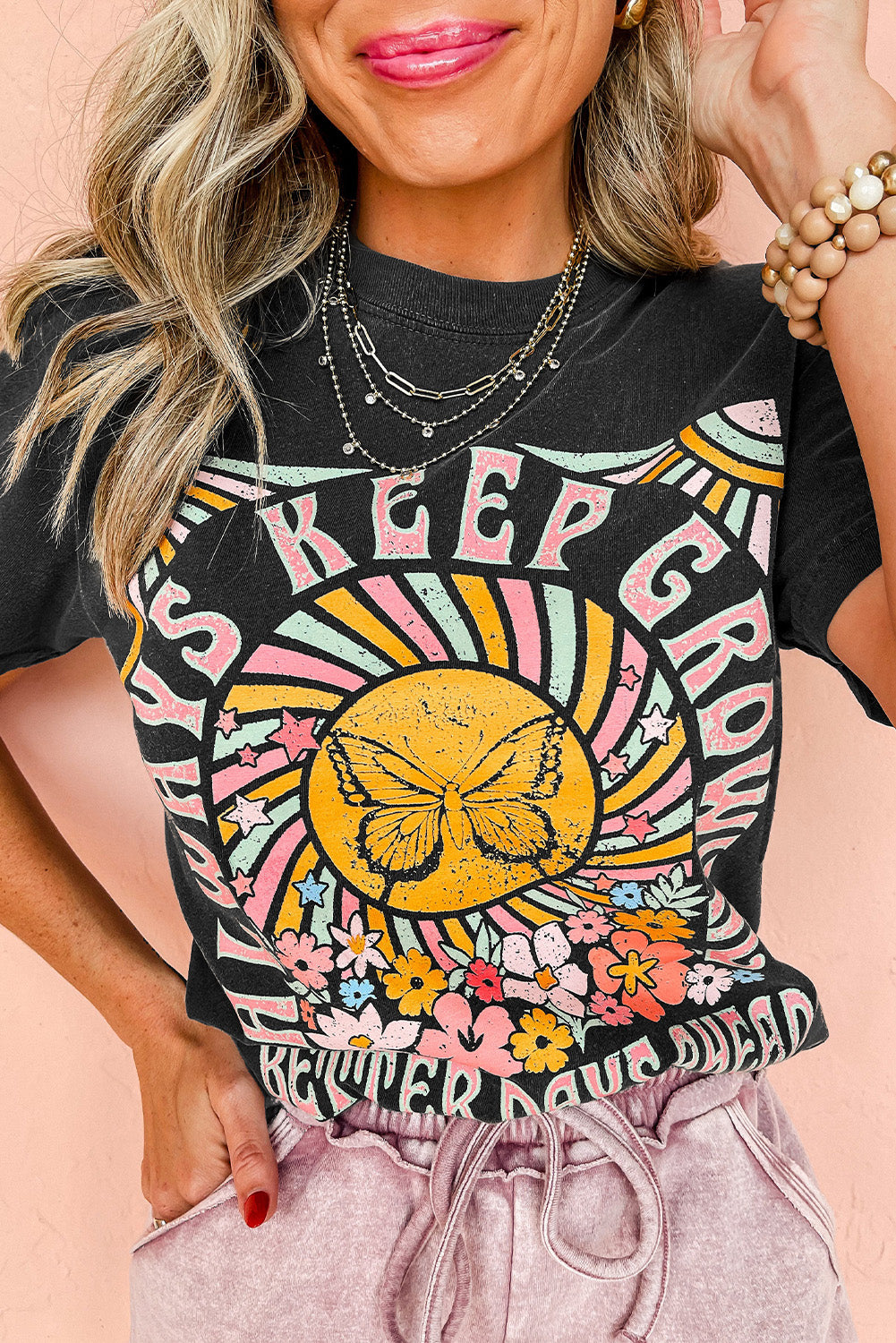 Black Always Keep Growing Butterfly Flower Crewneck Graphic Tee Graphic Tees JT's Designer Fashion