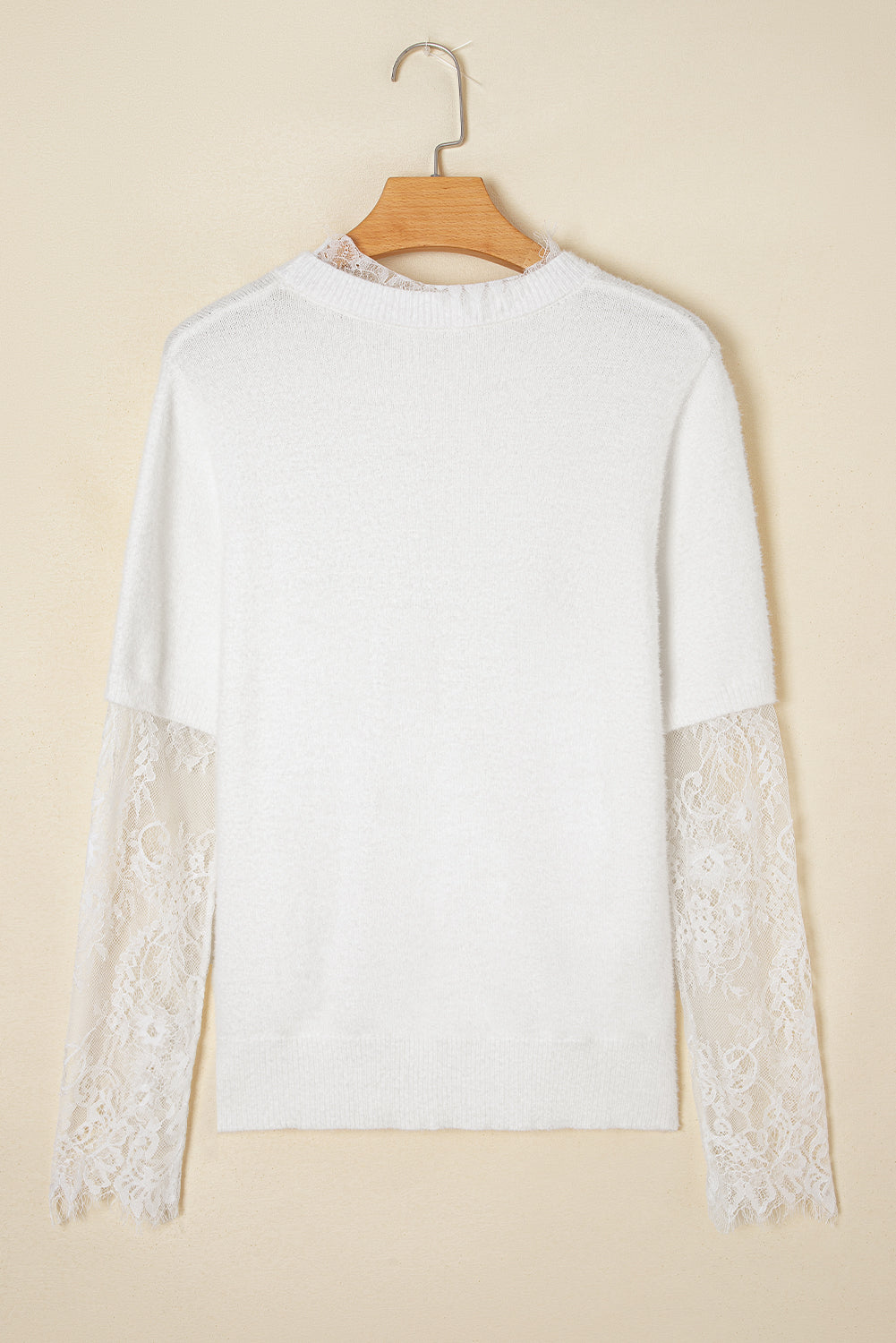 Beige Lace Sleeve Patchwork Faux Two-piece Fuzzy Sweater Sweaters JT's Designer Fashion